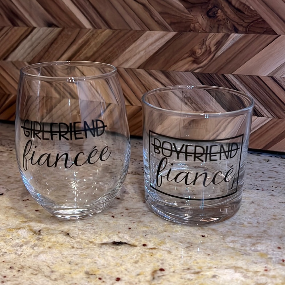 Girlfriend boyfriend fiancée wine and whiskey wedding engagement glasses